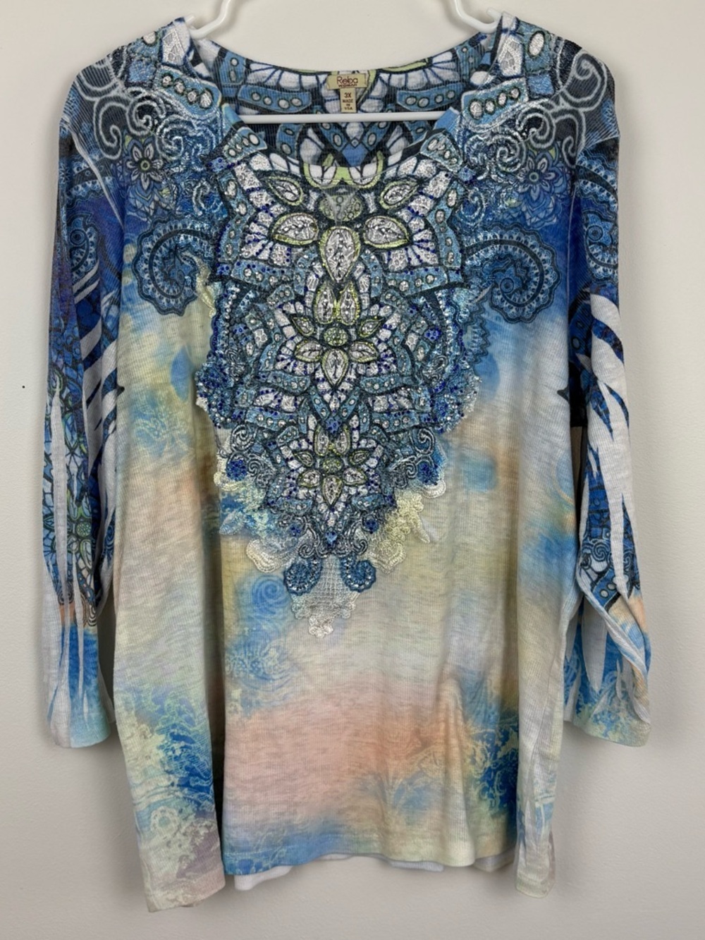 Vintage Reba Distressed Boho Pattern Long Sleeve Top 3X EUC Rhinestones Tie Dye